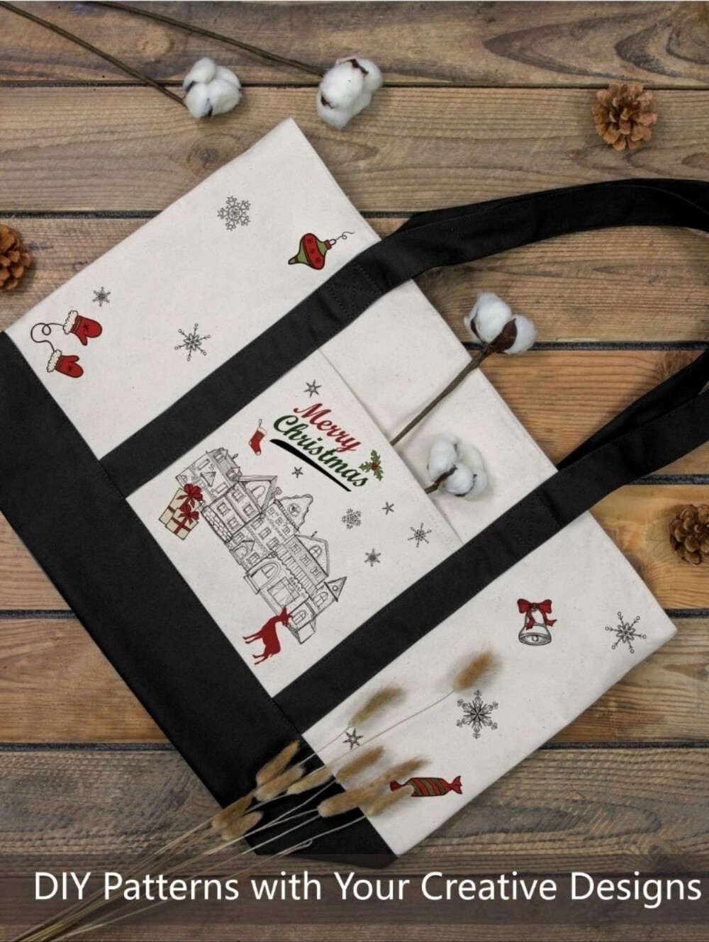 Canvas Tote Bag with Black Trim Cotton Beach Shopping Book++  Bag - Picture 5 of 7